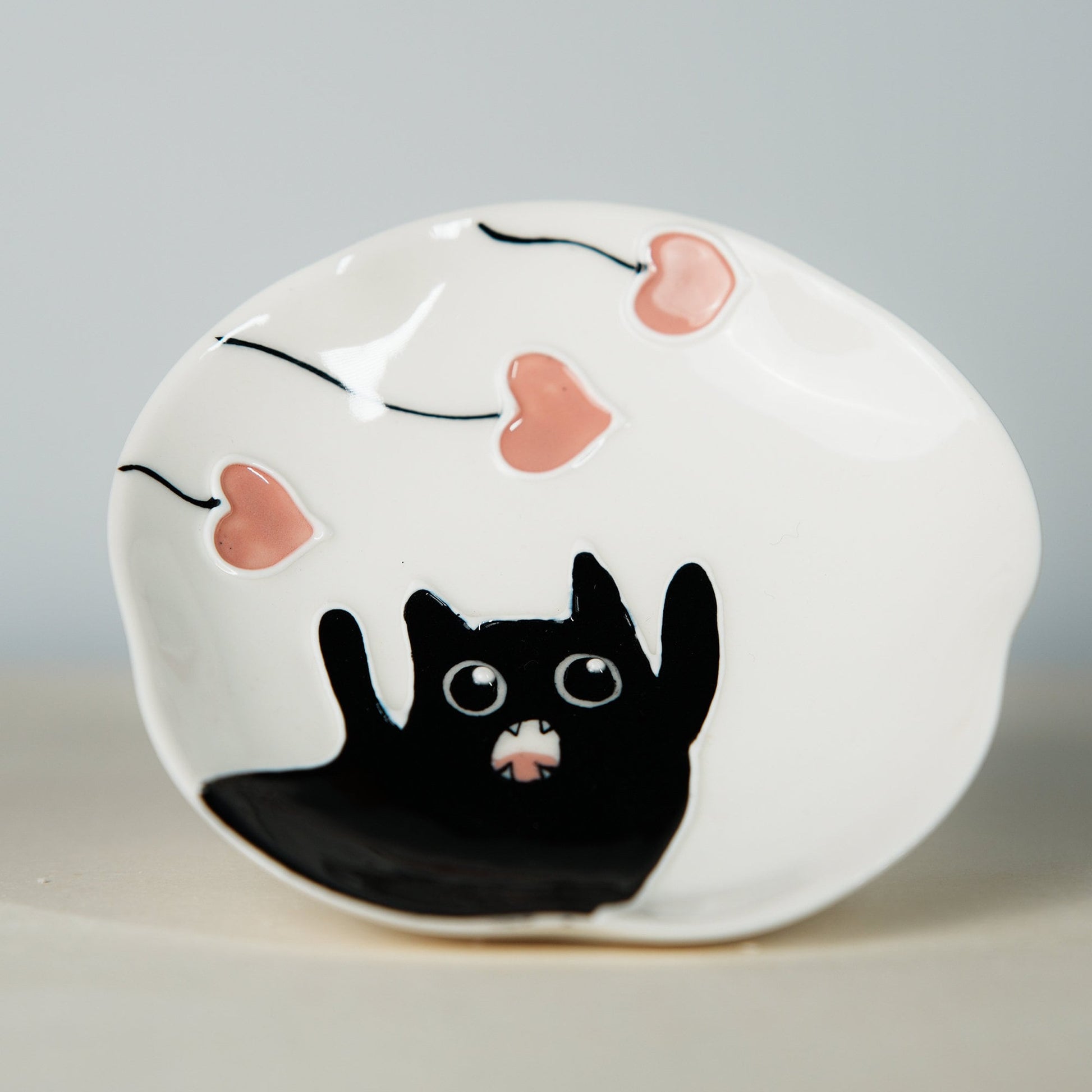 Black cat white ring dish | Handmade ceramic dish | Cat food bowl | Kawaii kitty design | Trinket or key dish | Jewelry tray