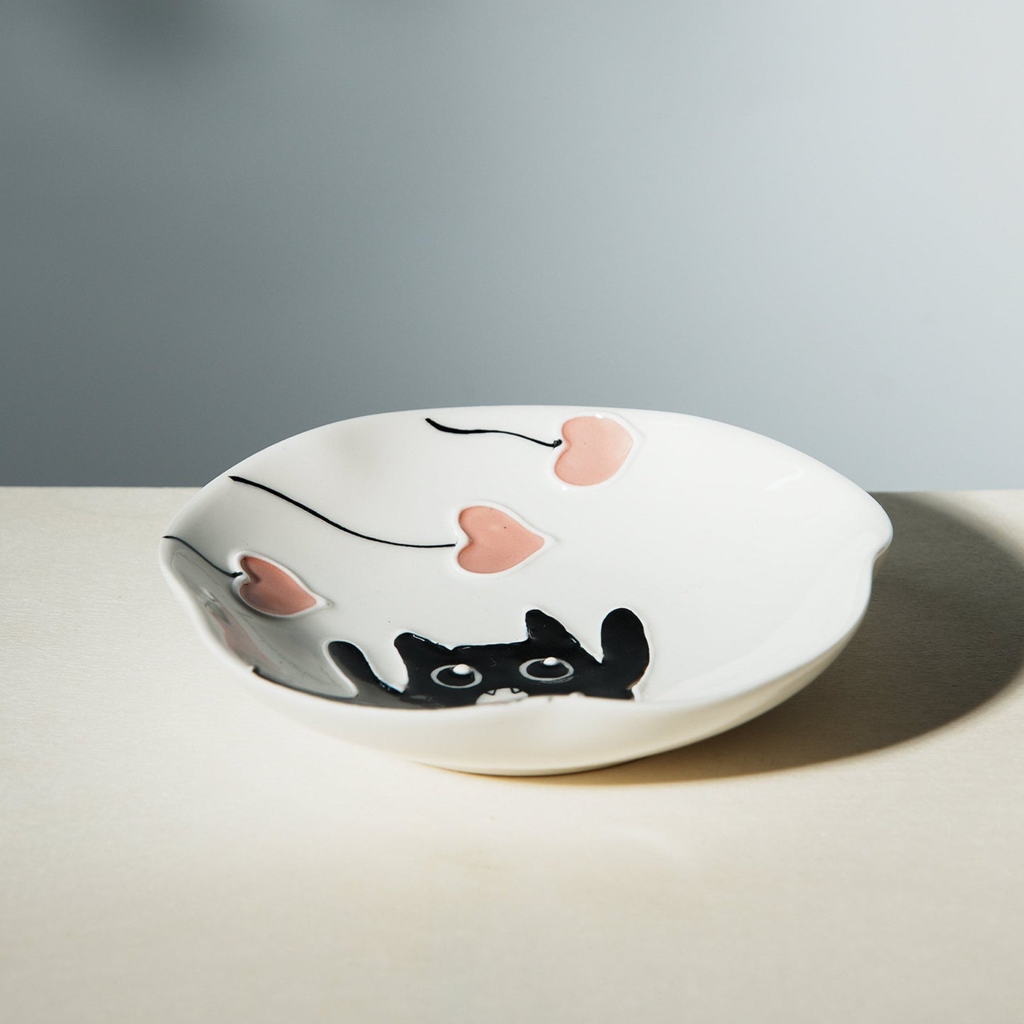 Black cat white ring dish | Handmade ceramic dish | Cat food bowl | Kawaii kitty design | Trinket or key dish | Jewelry tray