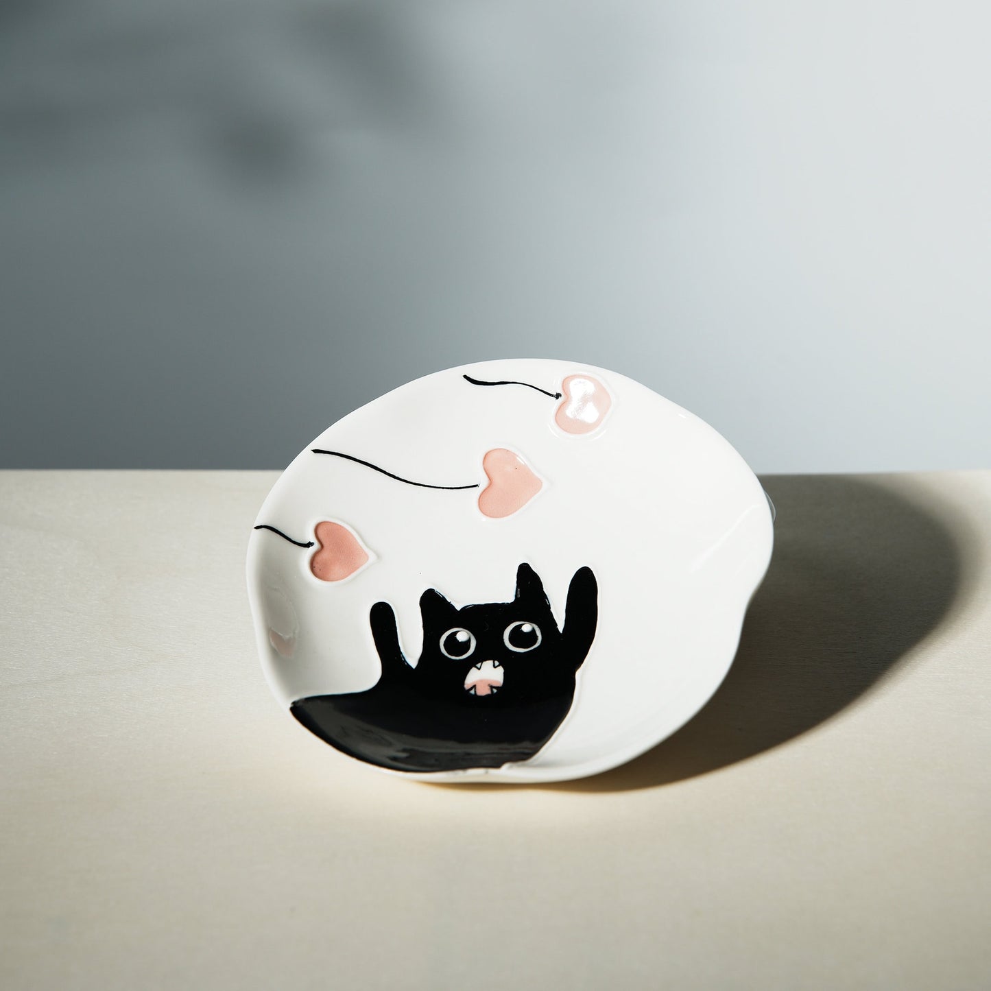 Black cat white ring dish | Handmade ceramic dish | Cat food bowl | Kawaii kitty design | Trinket or key dish | Jewelry tray