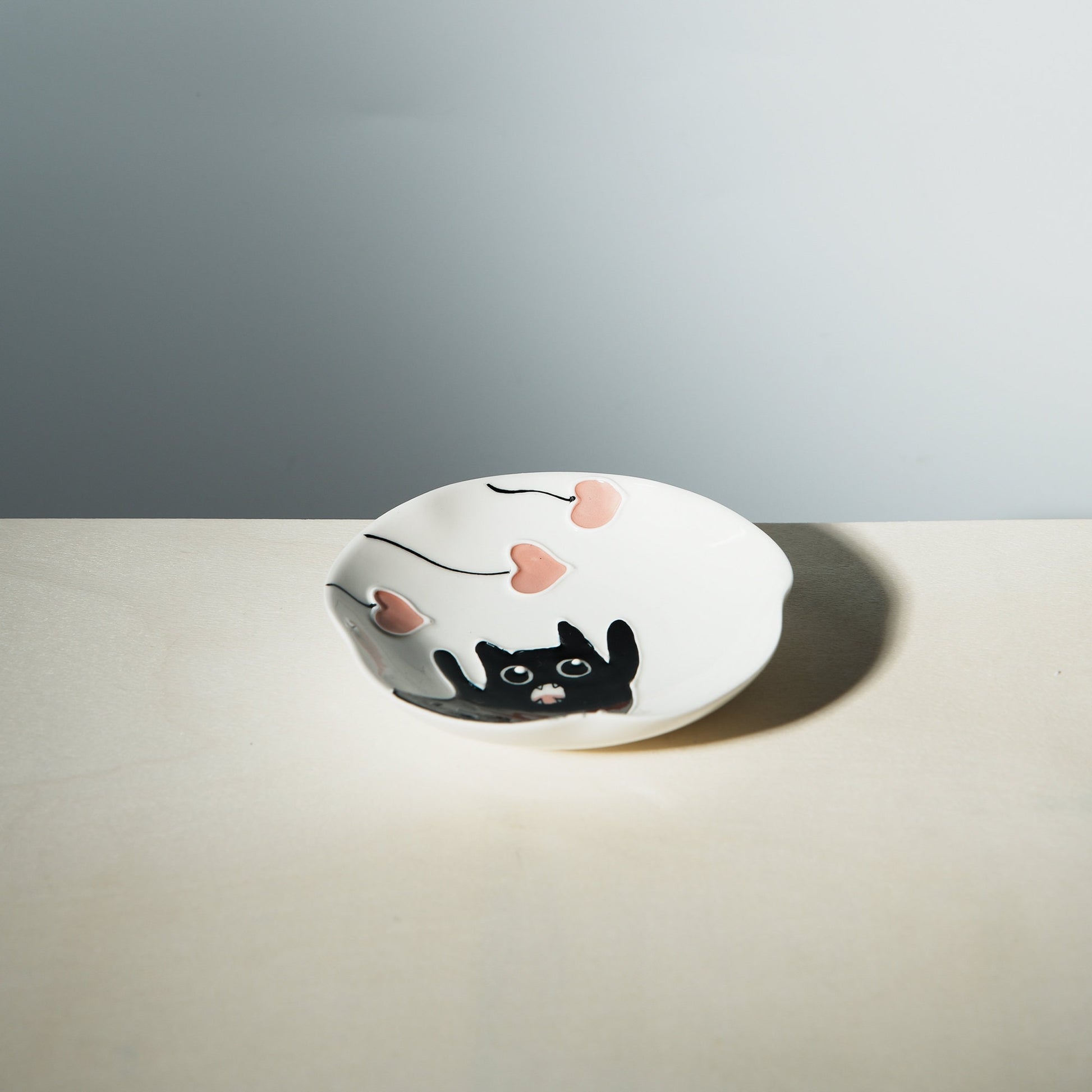 Black cat white ring dish | Handmade ceramic dish | Cat food bowl | Kawaii kitty design | Trinket or key dish | Jewelry tray