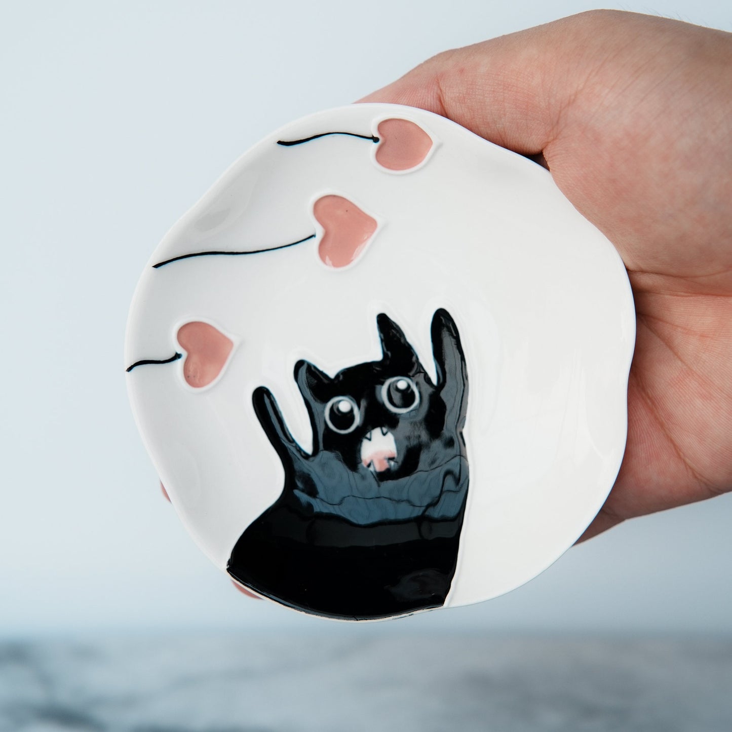 Black cat white ring dish | Handmade ceramic dish | Cat food bowl | Kawaii kitty design | Trinket or key dish | Jewelry tray