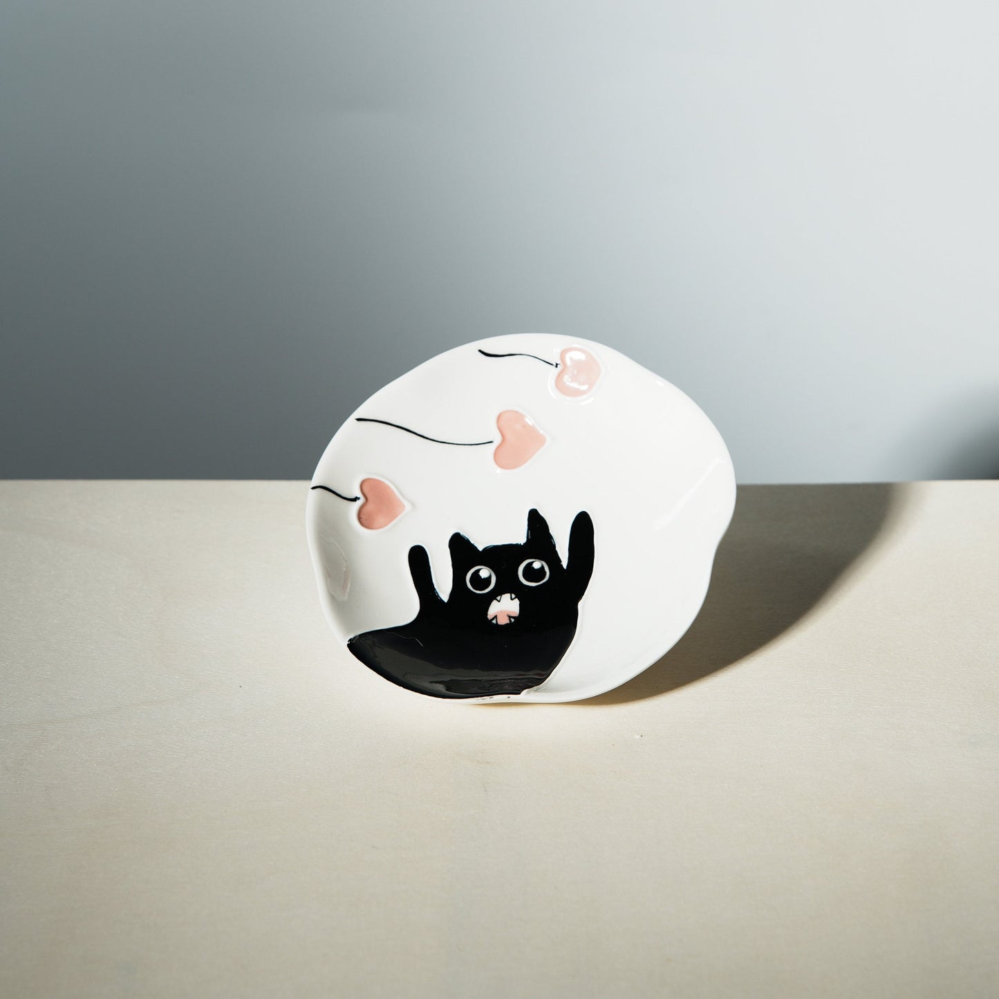 Black cat white ring dish | Handmade ceramic dish | Cat food bowl | Kawaii kitty design | Trinket or key dish | Jewelry tray