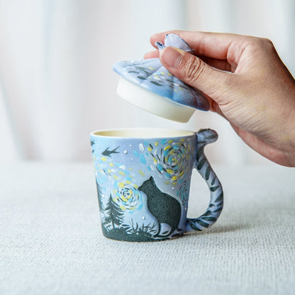 Night Sky Cat Ceramic Set, HandPainted Mug and Saucer, Tail Handle and Rose Lid Design Pottery Mug, Cat Lovers Gifts, Valentine's Gifts