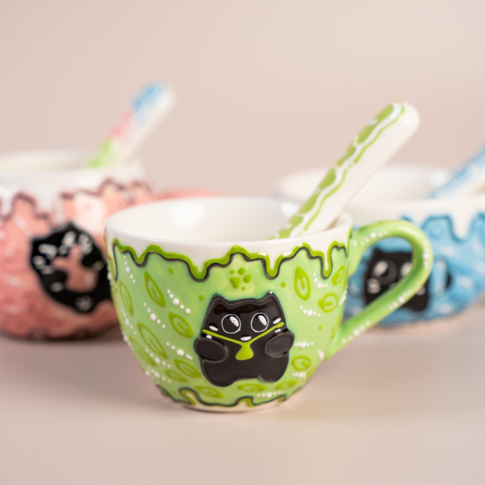 Cute Cat Ceramic Spoons 3D Black Cat Rice Spoons Handcrafted Cartoon Style Soup Spoons Kawaii Kitty Spoons Funny Birthday Gift for Children