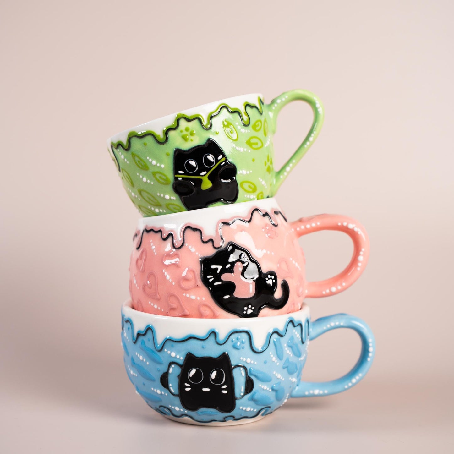 Black Kitty Coffee Mugs Ceramic Cartoon Style Cat Hug Mug Collection 3D Line Art Style Cream Cat Espresso Cups Funny Birthday Gift for Kids