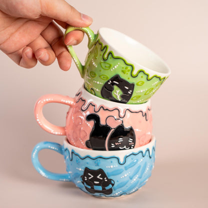 Black Kitty Coffee Mugs Ceramic Cartoon Style Cat Hug Mug Collection 3D Line Art Style Cream Cat Espresso Cups Funny Birthday Gift for Kids